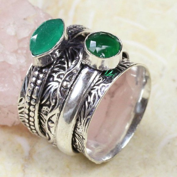 Hand Crafted Jewelry - Handmade Green Onyx 925 Silver Spinner Ring